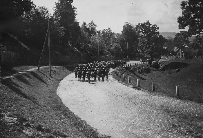 Military School Cadets Marching Down Parodos Street, 1920, Kaunas, Lithuania