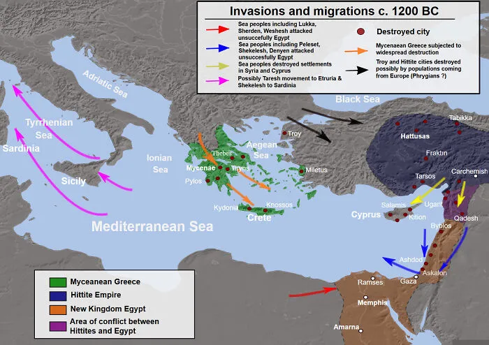 Entre 1200 y 1150 a. C., la mayoría de las civilizaciones de la región del Mediterráneo oriental sufrieron una grave disminución o se derrumbaron por completo, lo que supuso un final abrupto para la Edad del Bronce
