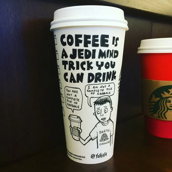 Coffee cup cartoon featuring a humorous Star Wars-inspired dialogue about coffee and self-worth.