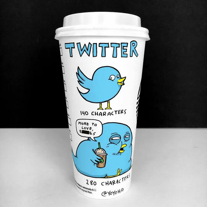 Coffee cup featuring a humorous cartoon illustrating the evolution of Twitter character limits with relatable art.
