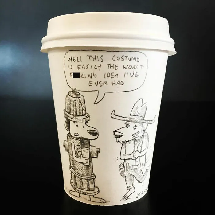 Coffee cup cartoon showing a dog in a fire hydrant costume with a speech bubble about a bad costume idea.