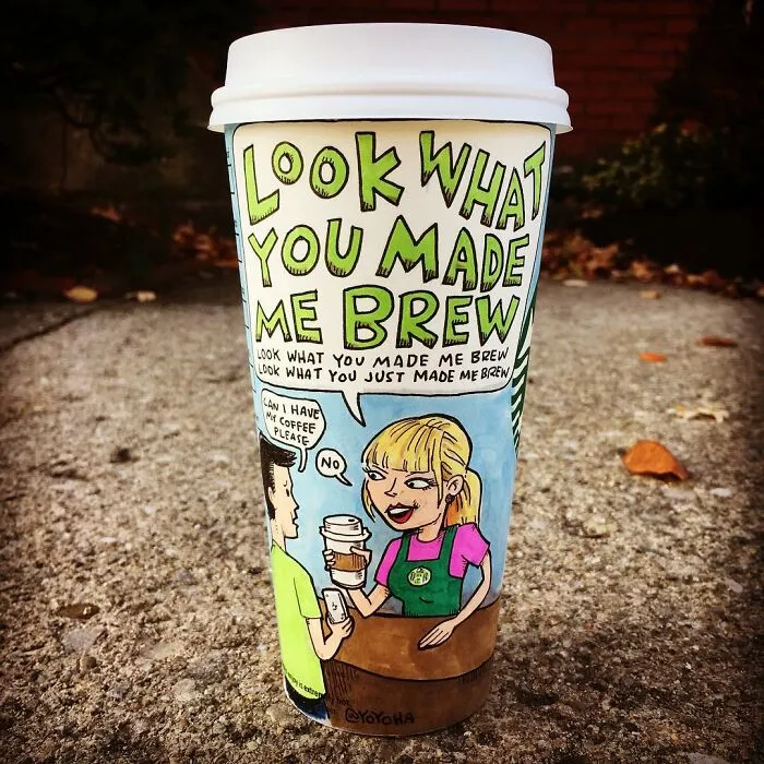 Coffee cup cartoon with witty coffee shop barista and customer, showcasing relatable humor and creative coffee cup art.