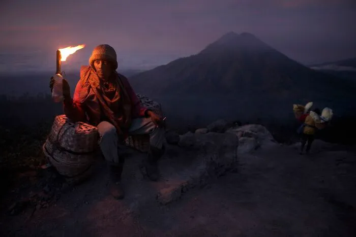 People Category | Silver; Portrait Category | Silver: "Sulfur Miner At The Top Of The Crater" By Mitchell Kanashkevich