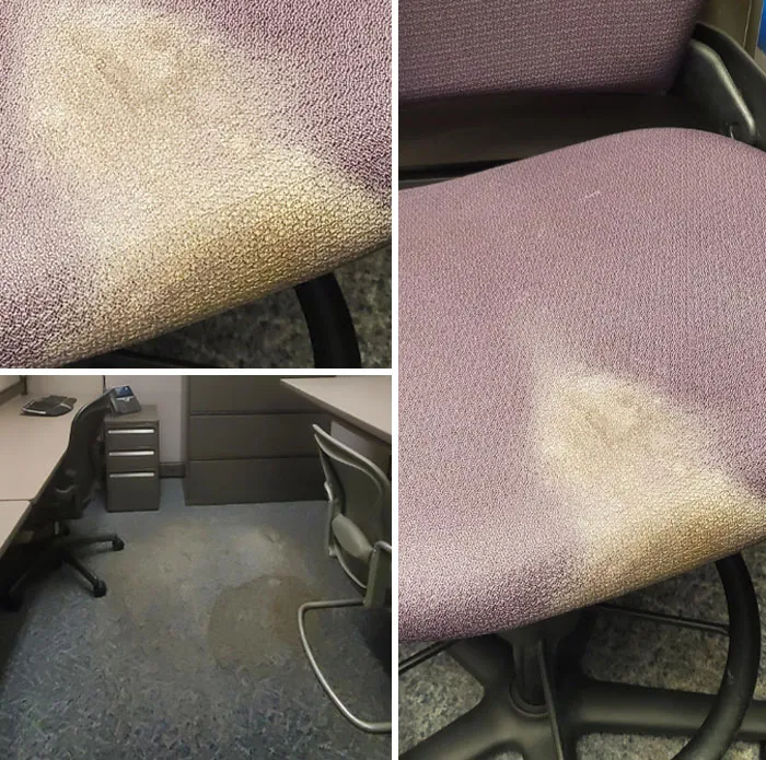 ¡Conseguí un trabajo genial! Pero esta es la silla y el cubículo que me asignaron.