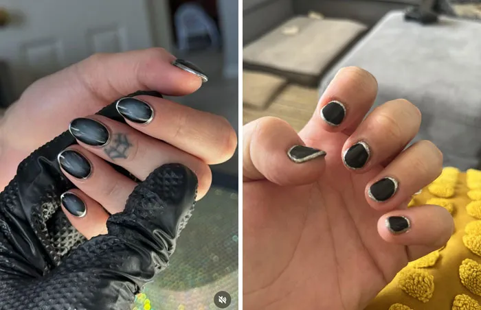 Uñas negras con mal acabado que muestran arrepentimiento tras visita al salón de belleza, ejemplo de decepción visual.