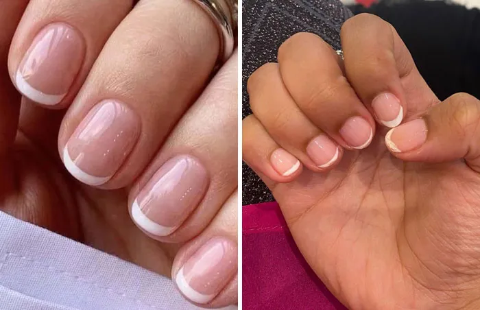 Close-up comparison of freshly done nails and poorly executed French manicure from a salon glow-up gone wrong.