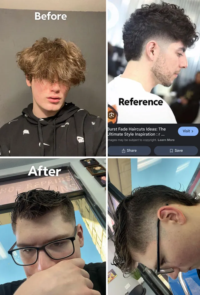 Before and after men's hair glow-up in salon with burst fade haircut, showcasing dramatic hairstyle transformation and breakdown reaction.