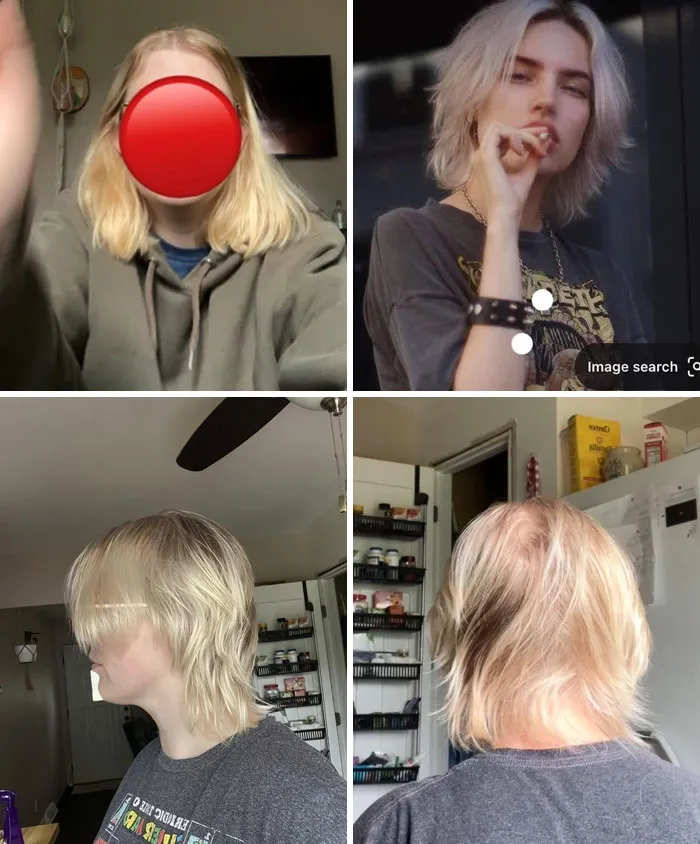 Peinado de $350. Pedí específicamente: "No quiero ni acercarme al mullet". La primera foto es de mi cabello antes de la cita, la segunda es lo que pedí y las dos últimas son el resultado.