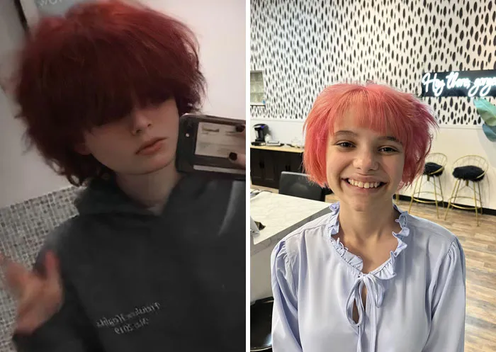 Dos personas con cortes de cabello y coloraciones poco favorecedoras que reflejan arrepentimiento en salón de belleza.