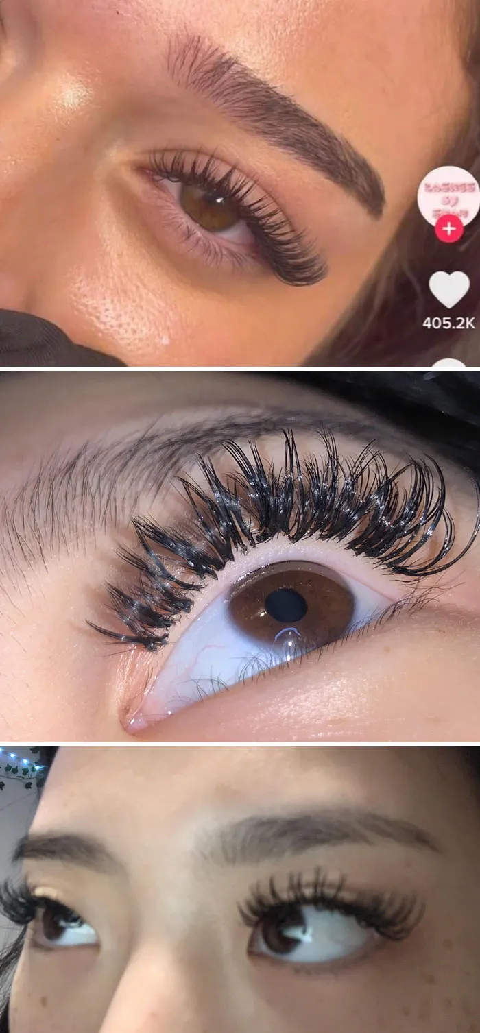Primer plano de pestañas con extensiones muy mal aplicadas generando arrepentimiento en salón de belleza.