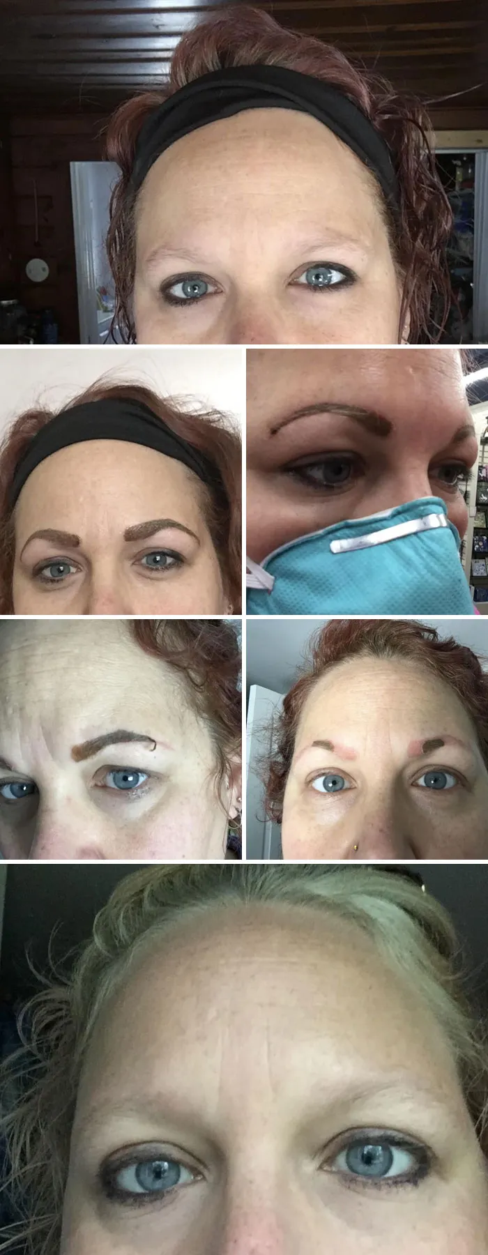 Close-up collage of a woman's eyebrow glow-up attempts showing varied salon results and facial expressions.