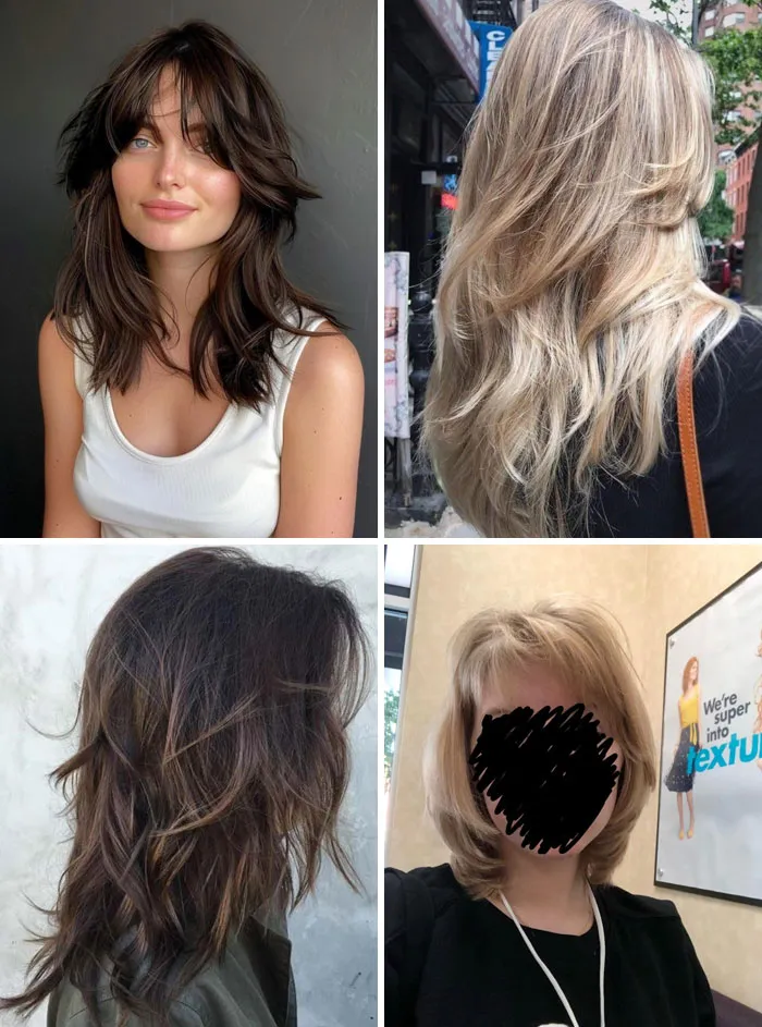 Cuatro imágenes de personas con cortes y tintes de cabello mal realizados en salón de belleza que causan arrepentimiento.