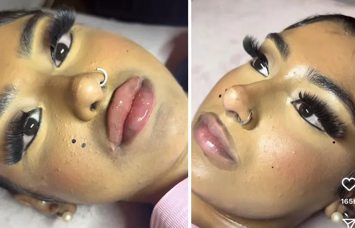 Primer plano de mujer con pestañas postizas mal aplicadas mostrando arrepentimiento tras visita al salón de belleza.