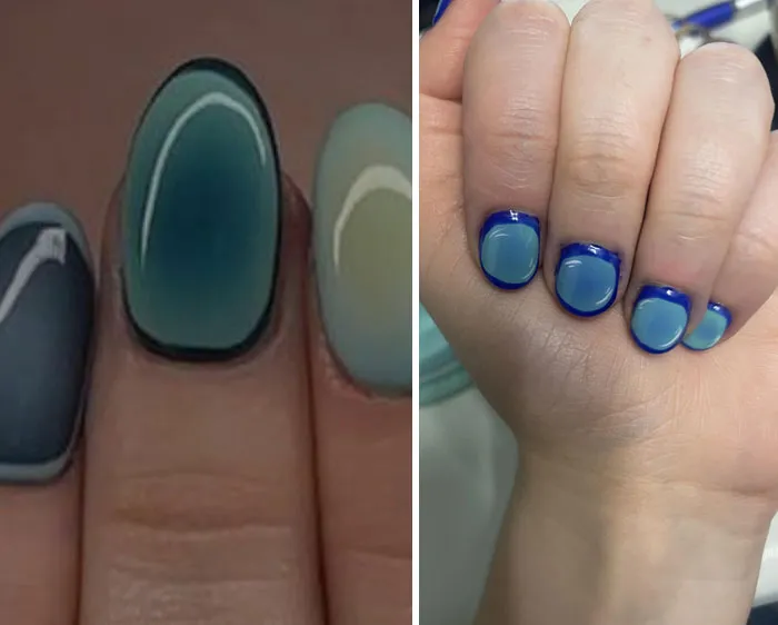 Uñas con esmalte azul y diseño mal aplicado que causó disgusto tras salir del salón de belleza.