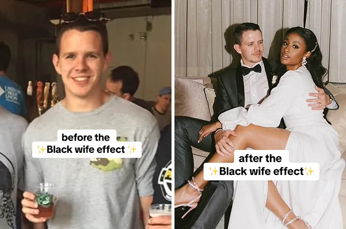 Before and after photos showing the transformation of a man married to a Black woman, highlighting the Black wife effect.