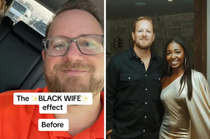 Before and after photos of a man showing transformation after marrying a Black woman, highlighting the Black wife effect.