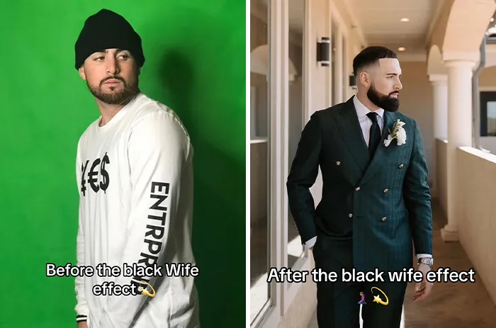 Before and after transformation of a man who married a Black woman showing style and confidence changes.