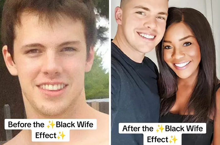 Before and after pics of a man who married a Black woman, showing transformation and happiness together.