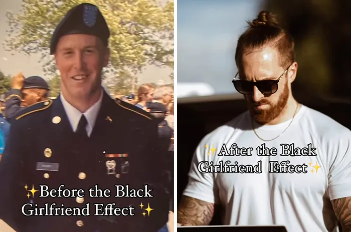 Before and after photos of a man showing transformation after marrying a Black woman, emphasizing the Black girlfriend effect.
