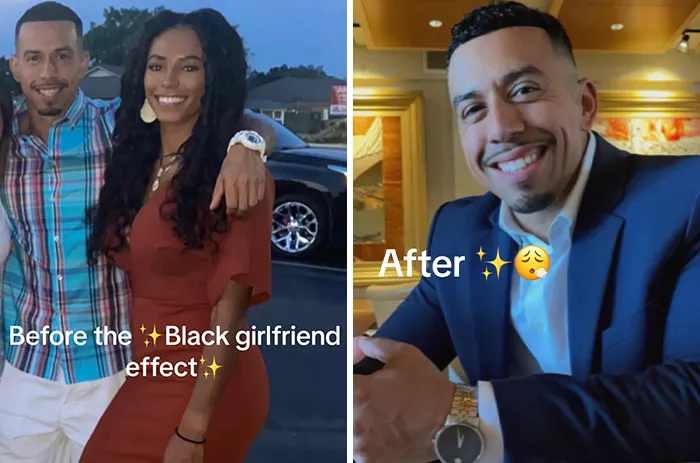 Before and after transformation of a man who married a Black woman, showcasing the impact of their relationship.