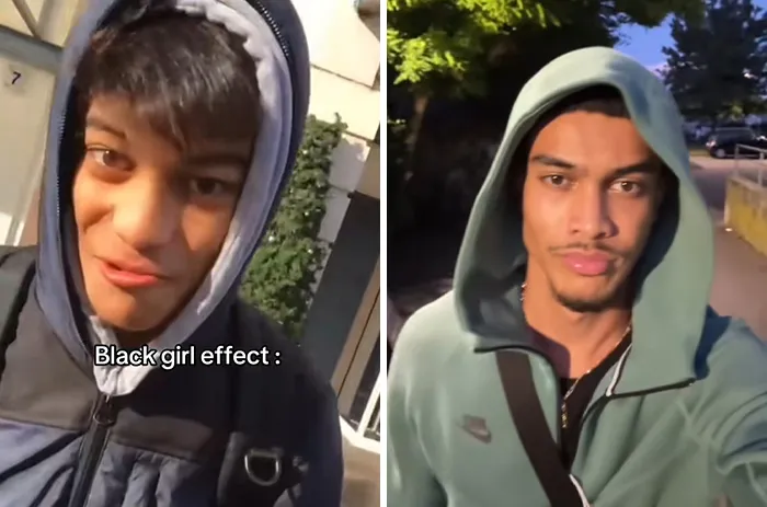 Before and after transformation of a man showing changes from marrying a Black woman in casual outdoor settings.