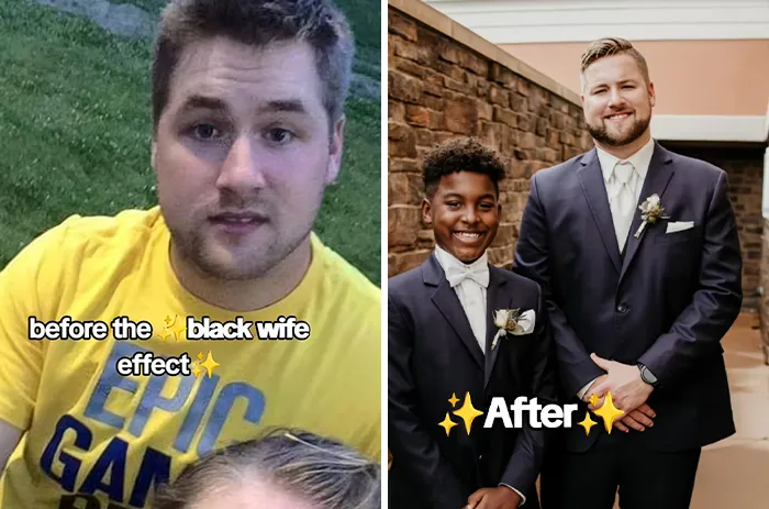 Before and after pics of a man transforming after marrying a Black woman, dressed formally with a young boy.
