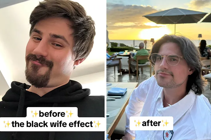 Before and after transformation of a man who married a Black woman, enjoying a relaxed outdoor dining setting at sunset.