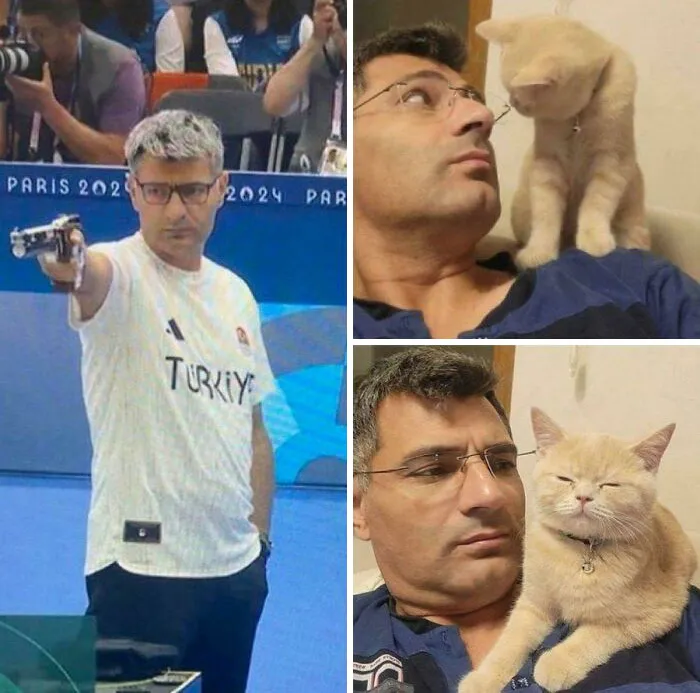 Man at shooting event and playful cat interactions showing funny moments cats made their owners laugh online
