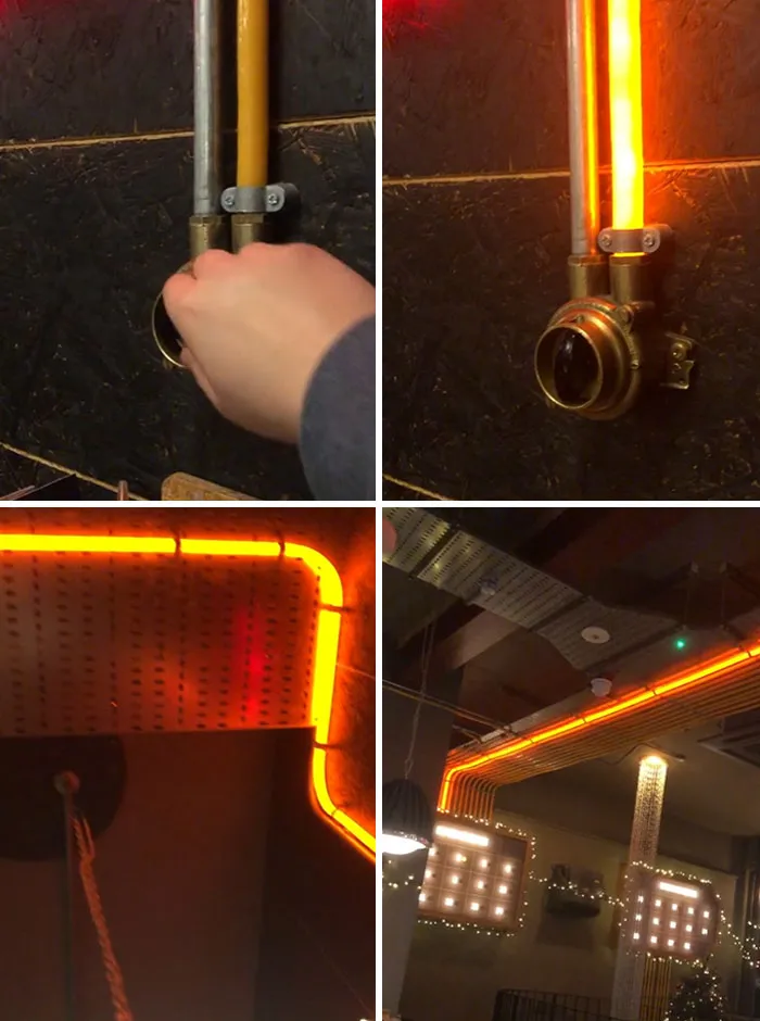 Mano activando luz ingeniosa en tuberías iluminadas con detalles innovadores en espacios cotidianos de diversos países.