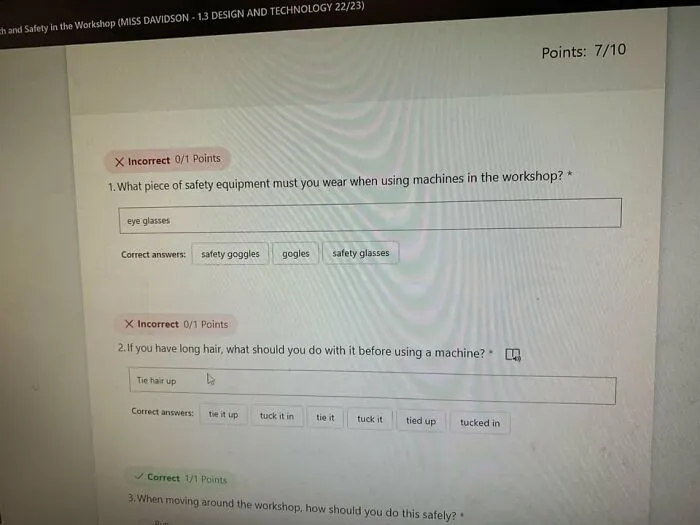 Online safety and workshop quiz showing students' answers and safety equipment requirements for schools.