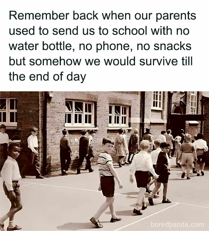 Kids walking to school without water bottles or phones, evoking nostalgia for good old days growing up in the 80s.
