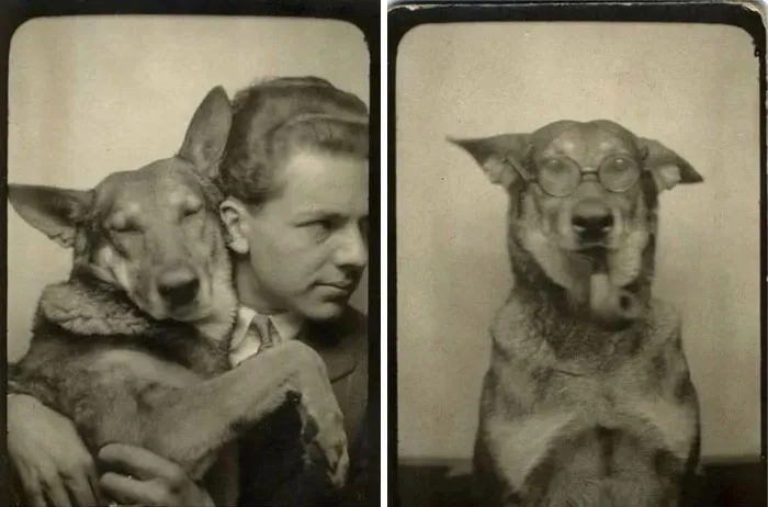 A Man And His Dog In A Photo Booth, 1943. Historic Photographs