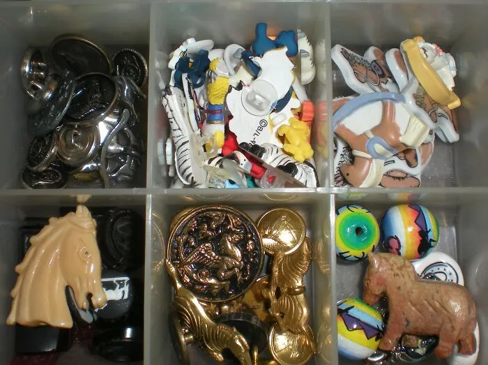Buttons And Beads In The Shape Of, Or Showing, Horses. This Is One Of Several Boxes