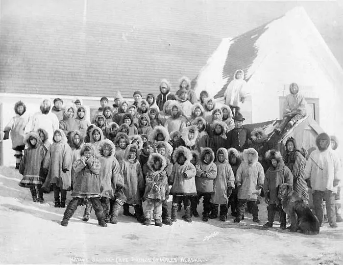 Inuit Children Wearing Fur Parkas Posed Outside Of A School, Cape Prince Of Wales, Alaska, Between 1901 And 1911
