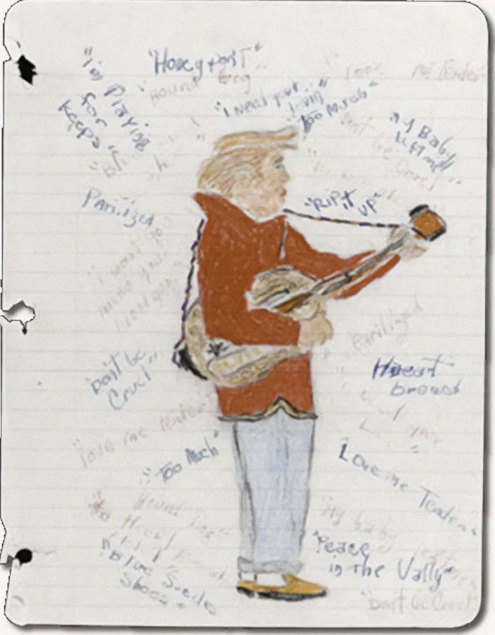 Dibujo a mano de persona tocando guitarra, acompañado de frases y palabras interesantes para compartir.