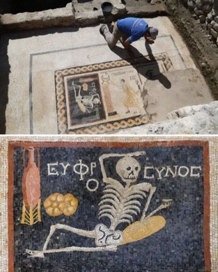 Mosaico de esqueleto de 2.400 años de antigüedad descubierto en Turquía con la leyenda: «Sé alegre, disfruta de la vida».