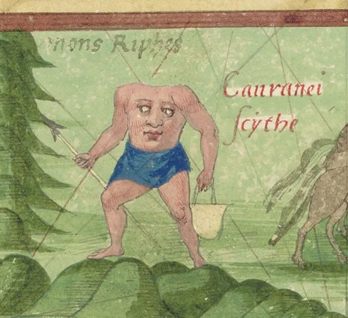 Ilustración medieval de criatura con cabeza en el torso, mostrando datos sorprendentes sobre lo poco que sabemos realmente.