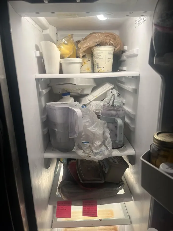 "She has way too much food stuffed in there, with containers stacked unsafely—like two full plates of food sitting on top of a flimsy aluminum lid. Things have leaked, spilled, and just made the whole fridge unusable for anyone else." -<span Style="Font:inherit;color:#808080"> Zealousideal_Job_835</Span>