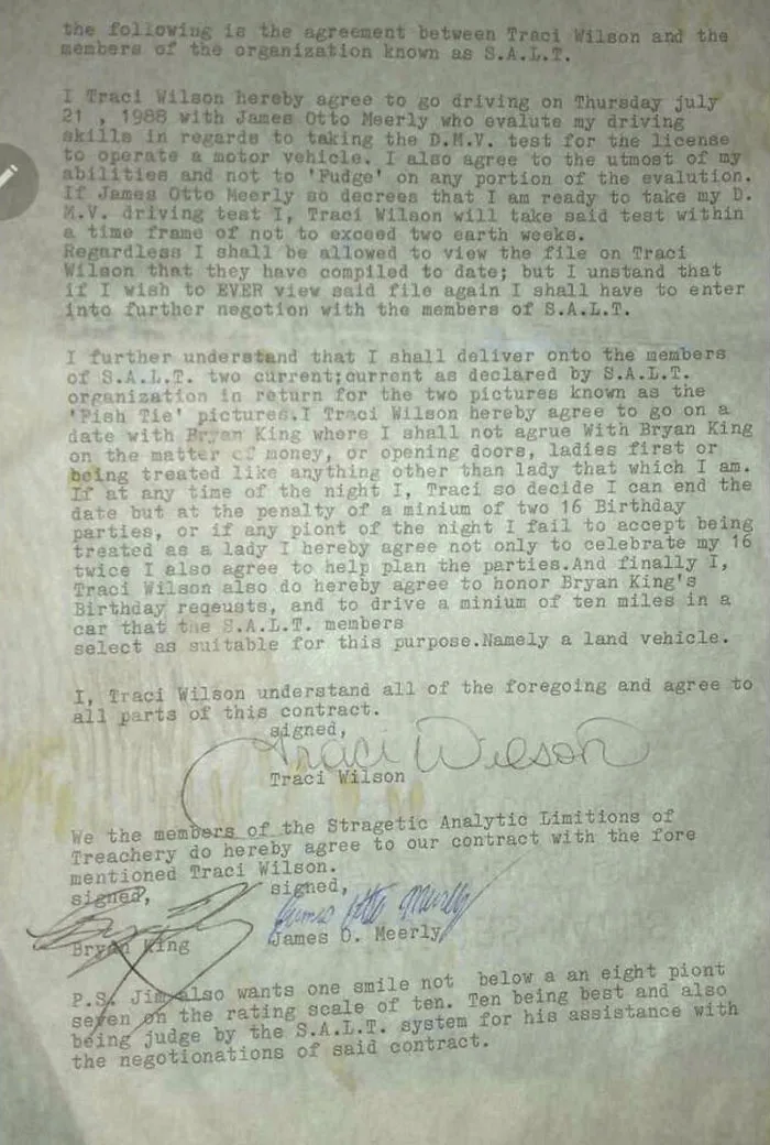 Typed and signed contract from 1988 involving members of the organization S.A.L.T., an intriguing historical mystery document.