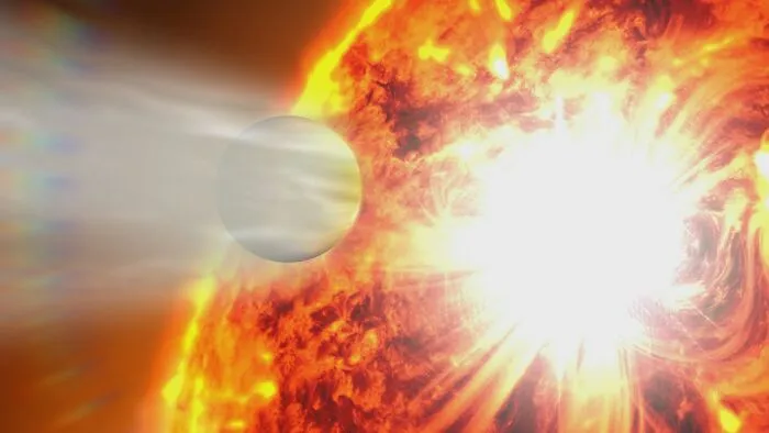 Planet passing in front of a fiery sun with intense solar flares illustrating rare phobias related to space and light.