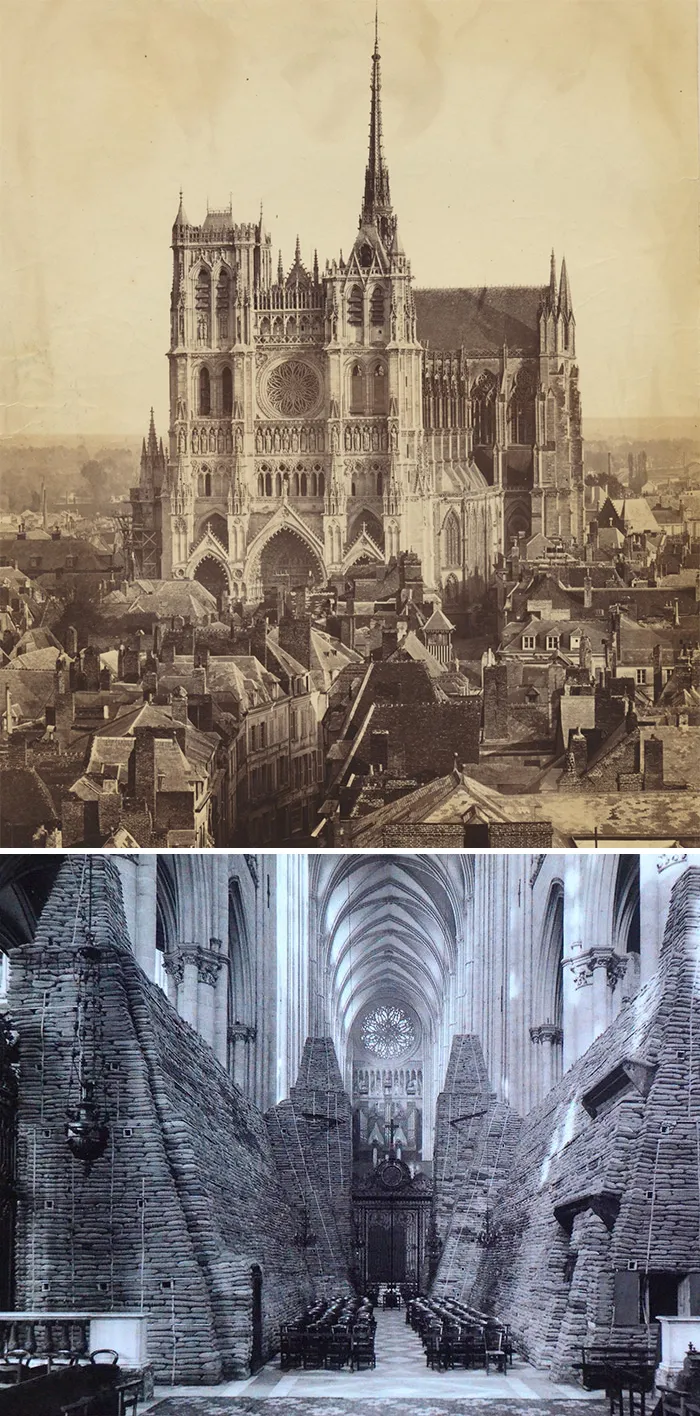 The Notre Dame Cathedral D'amiens, France. Completed In 1270. Declared A Unesco World Heritage Site In 1981. The Sand Bags Protecting The Building's Base During World War I
