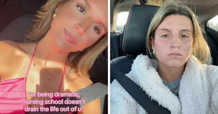 Side-by-side photos showing before and after life happened transformation of a young woman in casual settings.