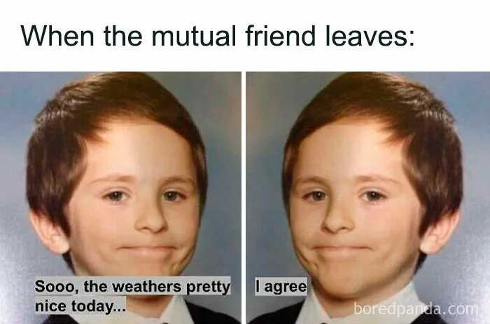 Young boy making awkward expressions in a funny and random meme about social discomfort and mutual friends leaving.