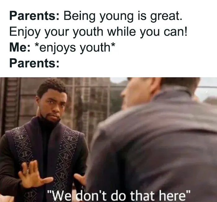 Parents telling to enjoy youth while the person enjoys youth, funny meme from random memes that might hit home.