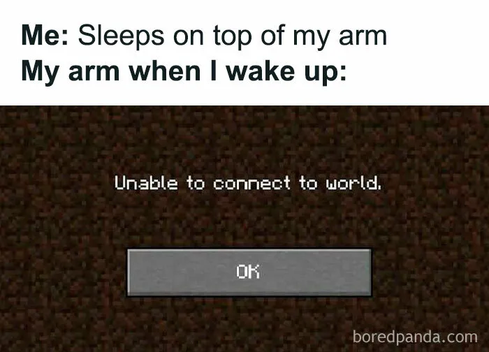 Meme showing arm pain from sleeping position with Minecraft error screen, featuring funny and random memes relatable to home life.