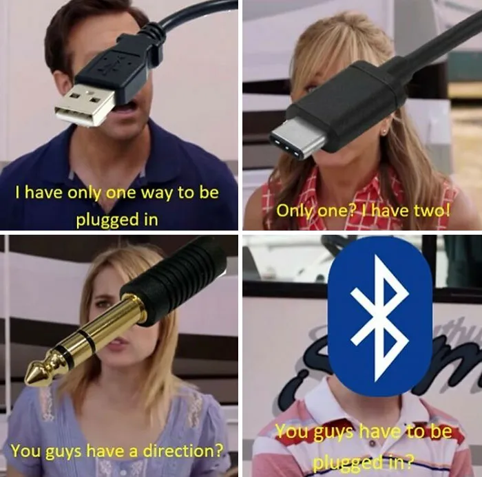 Funny and random memes featuring different types of plugs and connections discussing how they get plugged in.