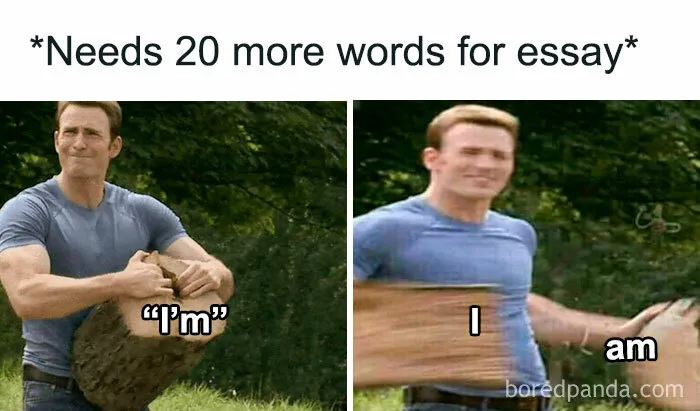 Man struggling to add more words to essay in a funny meme about writing and relatable random memes.