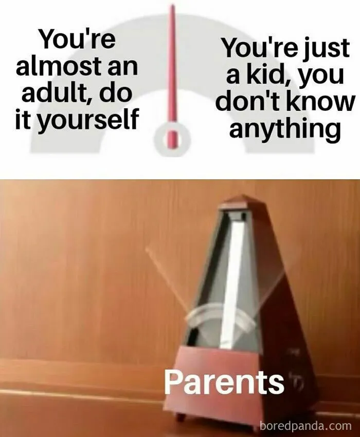 Funny and random meme showing parents swinging between telling kids to do things themselves and saying they don't know anything.