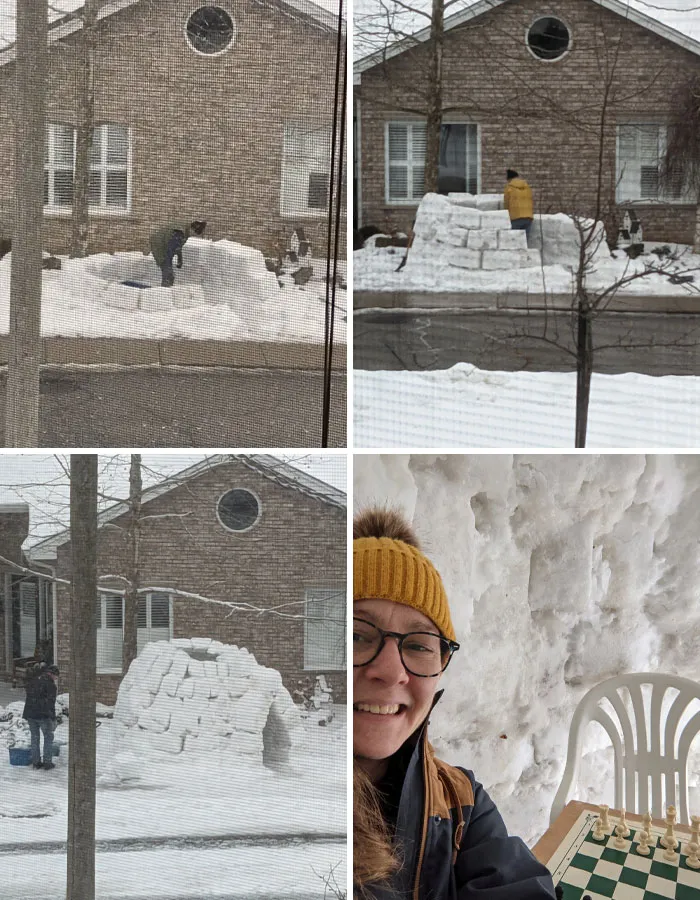 The View From My Desk. My 65+ Year Old Neighbour Who Can’t Sit Still Is Making A Snow Fort. No Children In Sight