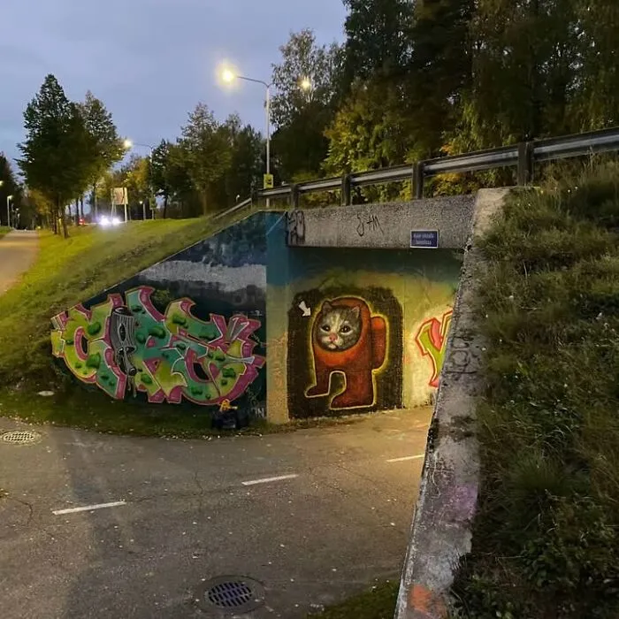 Grafiti nocturno con gato divertido pintado en una pared en un túnel iluminado junto a un camino arbolado urbano.